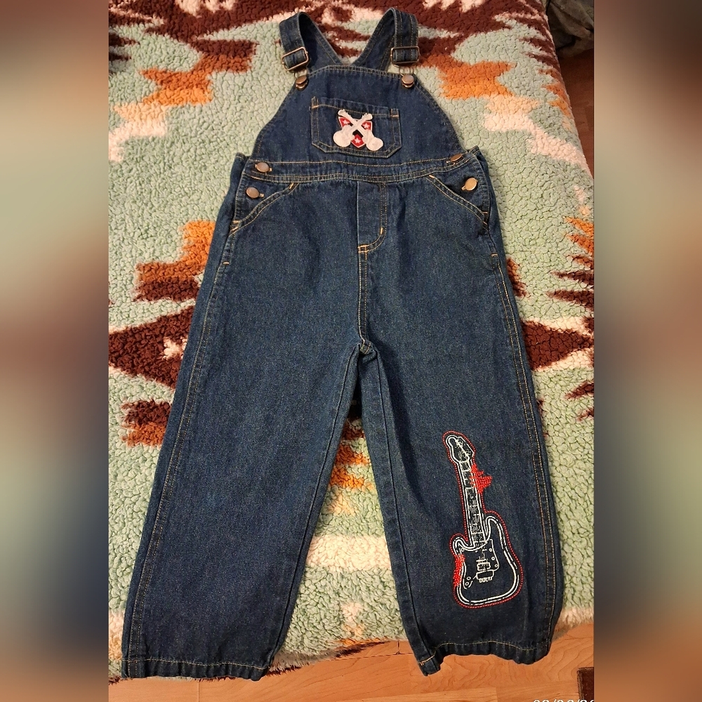 Kids Headquarters Blue Denim Overalls with Guitar Design